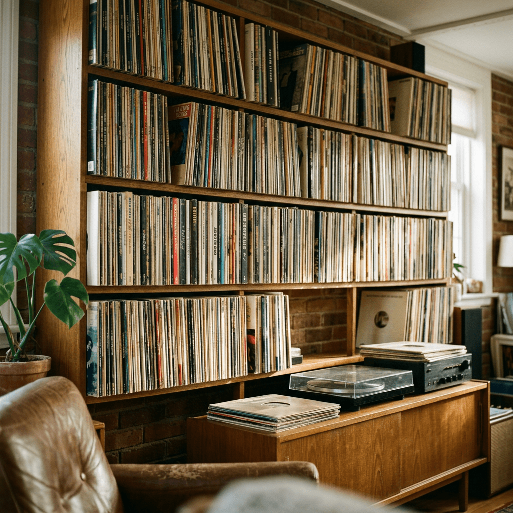 Wooden shelves filled with numerous vinyl record albums next to a turntable and receiver in a cozy room corner